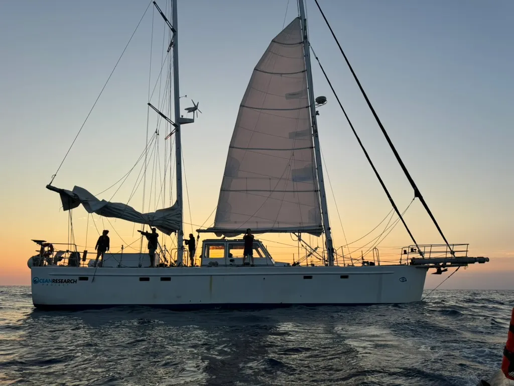 The crew of the Marie Tharp on deck at sunset.