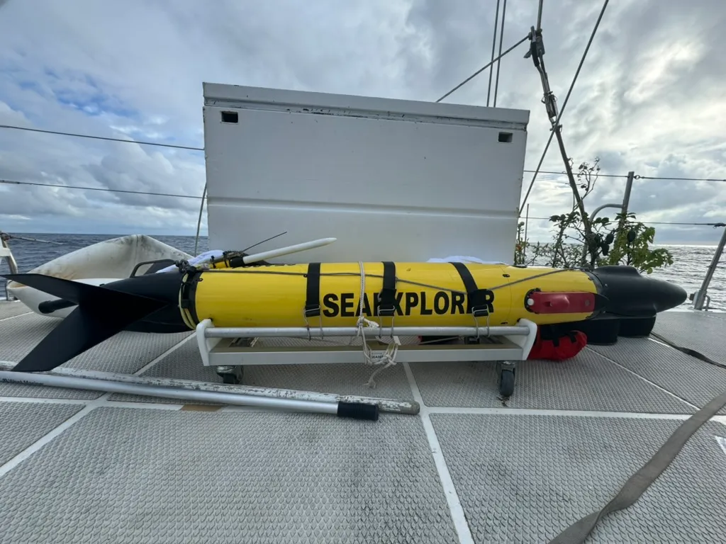 A SeaExplorer glider secured on the deck of the sailing research vessel Marie Tharp.
